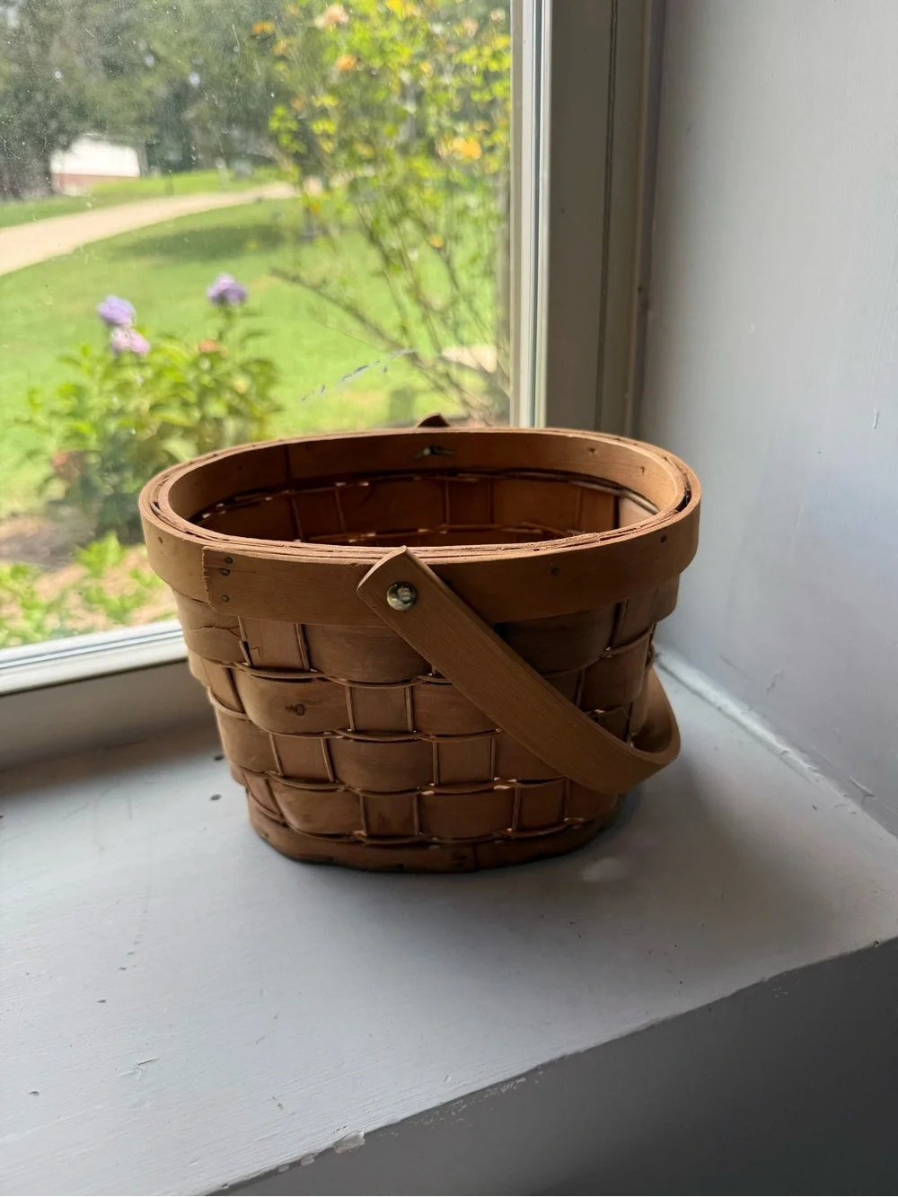 Handwoven Natural Wood Accent Basket with Handle
